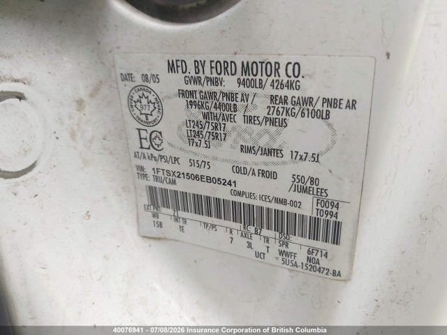 Aukcja sprzedaży 2006 Ford F250 Super Duty, vin: 1FTSX21506EB05241, numer aukcji: 40076941