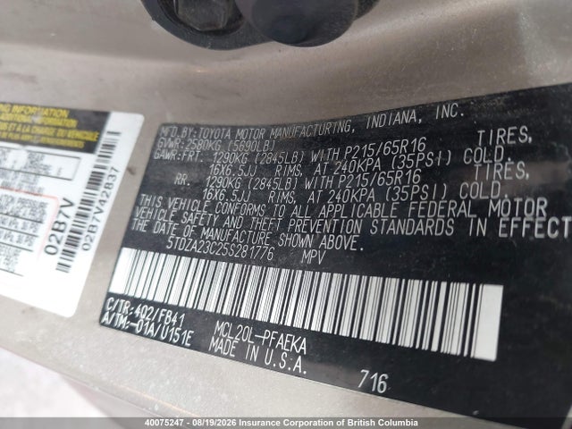 Aukcja sprzedaży 2005 Toyota Sienna Ce/le, vin: 5TDZA23C25S281776, numer aukcji: 40075247