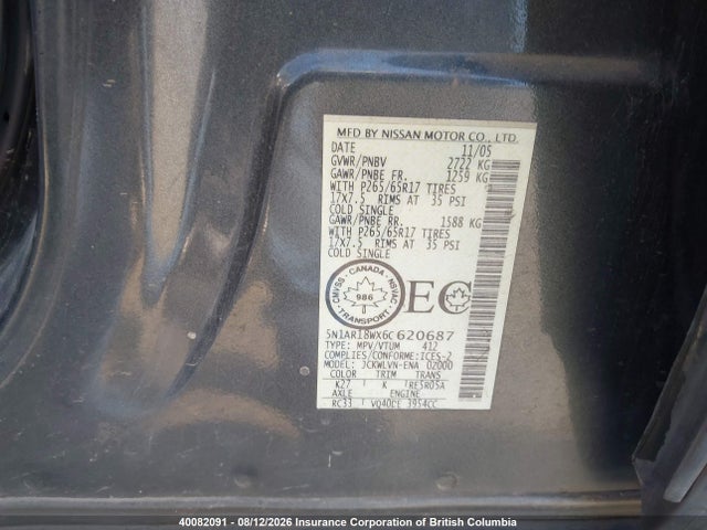 40082091 :رقم المزاد ، 5N1AR18WX6C620687 vin ، 2006 Nissan Pathfinder Le/se/xe مزاد بيع