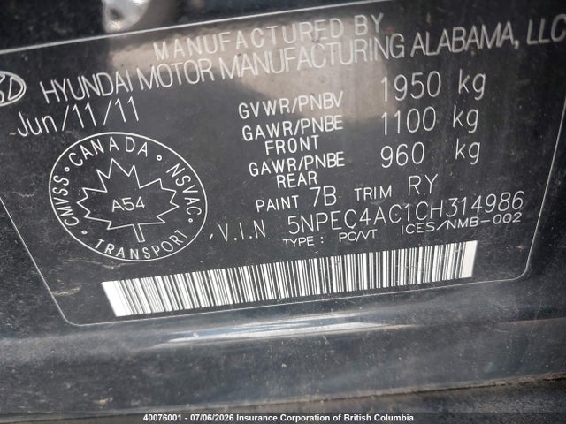 Auction sale of the 2012 Hyundai Sonata Se/limited, vin: 5NPEC4AC1CH314986, lot number: 40076001