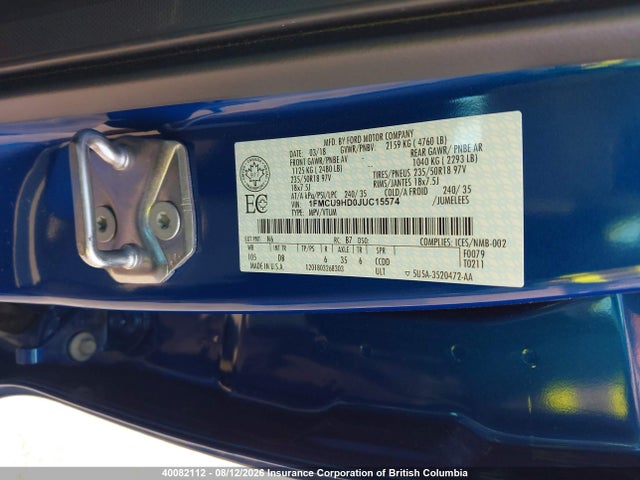 Продажа на аукционе авто 2018 Ford Escape Sel, vin: 1FMCU9HD0JUC15574, номер лота: 40082112
