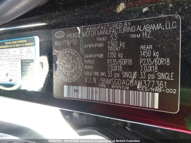 40082151 :رقم المزاد ، 5NMSGDAG6AH377361 vin ، 2010 Hyundai Santa Fe Gls مزاد بيع