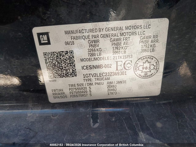 40082153 :رقم المزاد ، 1GTV2LEC2JZ369301 vin ، 2018 Gmc Sierra K1500 مزاد بيع