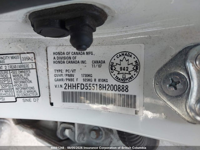 40081248 :رقم المزاد ، 2HHFD55518H200888 vin ، 2008 Acura Csx مزاد بيع