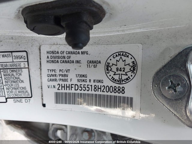 40081248 :رقم المزاد ، 2HHFD55518H200888 vin ، 2008 Acura Csx مزاد بيع
