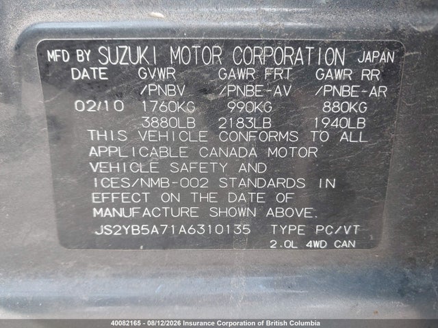 Auction sale of the 2010 Suzuki Sx4, vin: JS2YB5A71A6310135, lot number: 40082165
