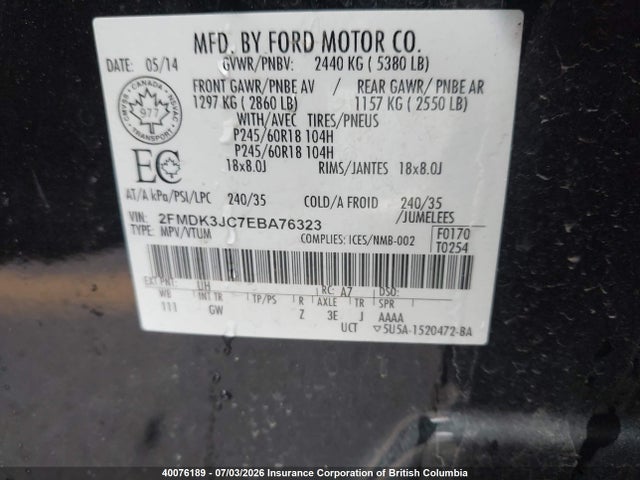 Auction sale of the 2014 Ford Edge Sel, vin: 2FMDK3JC7EBA76323, lot number: 40076189