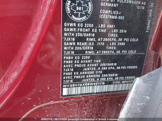 2011 Volkswagen Tiguan S/se/sel მანქანა იყიდება აუქციონზე, vin: WVGBV7AX6BW001115, აუქციონის ნომერი: 40082175