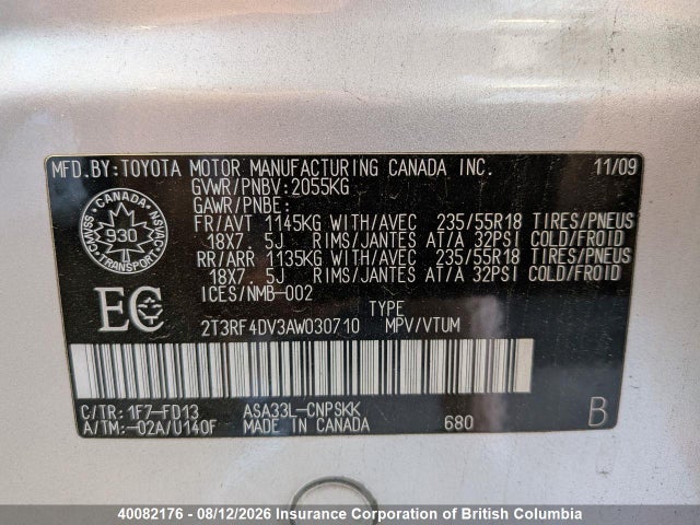 Продаж на аукціоні авто 2010 Toyota Rav4, vin: 2T3RF4DV3AW030710, номер лоту: 40082176
