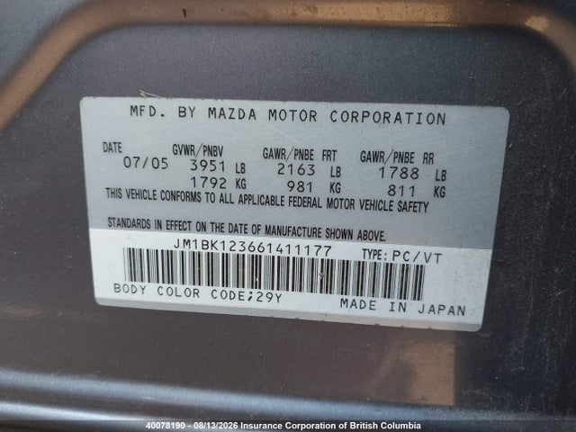 Aukcja sprzedaży 2006 Mazda Mazda3 Gt, vin: JM1BK123661411177, numer aukcji: 40078190