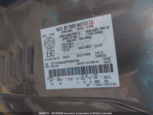 40082177 :رقم المزاد ، 1FTYR44U27PA55726 vin ، 2007 Ford Ranger Sport/stx/xl/xlt مزاد بيع