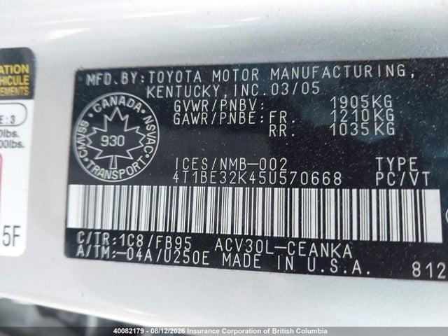 Aukcja sprzedaży 2005 Toyota Camry, vin: 4T1BE32K45U570668, numer aukcji: 40082179