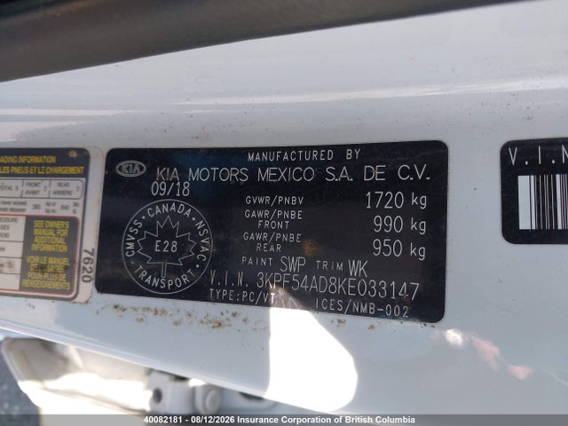 40082181 :رقم المزاد ، 3KPF54AD8KE033147 vin ، 2019 Kia Forte مزاد بيع