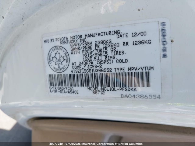 Продажа на аукционе авто 2001 Toyota Sienna Ce, vin: 4T3ZF19C61U366552, номер лота: 40077240