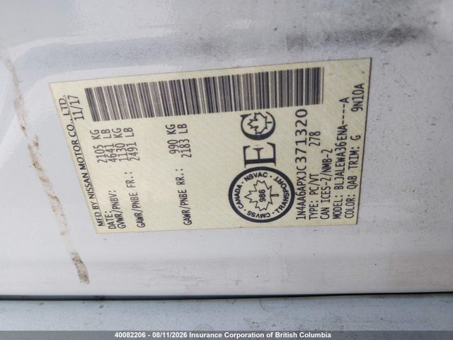 Auction sale of the 2018 Nissan Maxima 3.5s/sv/sl/sr/plat, vin: 1N4AA6APXJC371320, lot number: 40082206