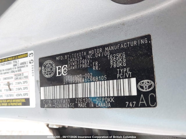 Продаж на аукціоні авто 2006 Toyota Corolla Ce/le/s, vin: 2T1BR32E46C669105, номер лоту: 40082208