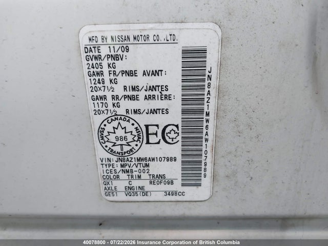 Aukcja sprzedaży 2010 Nissan Murano S/sl/le, vin: JN8AZ1MW6AW107989, numer aukcji: 40078800