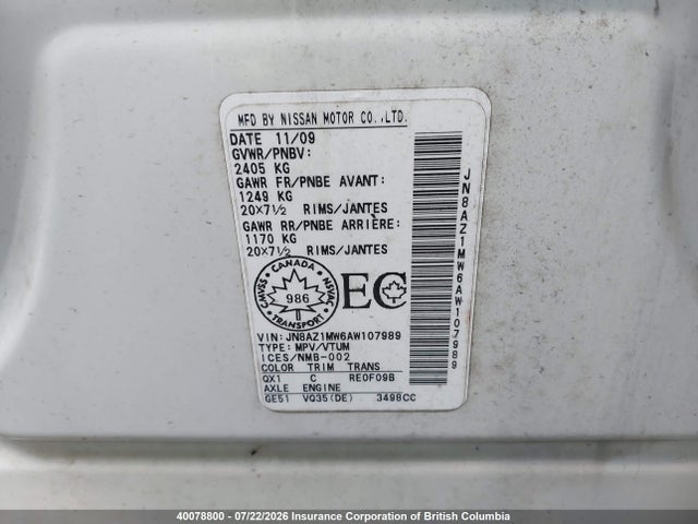 Aukcja sprzedaży 2010 Nissan Murano S/sl/le, vin: JN8AZ1MW6AW107989, numer aukcji: 40078800