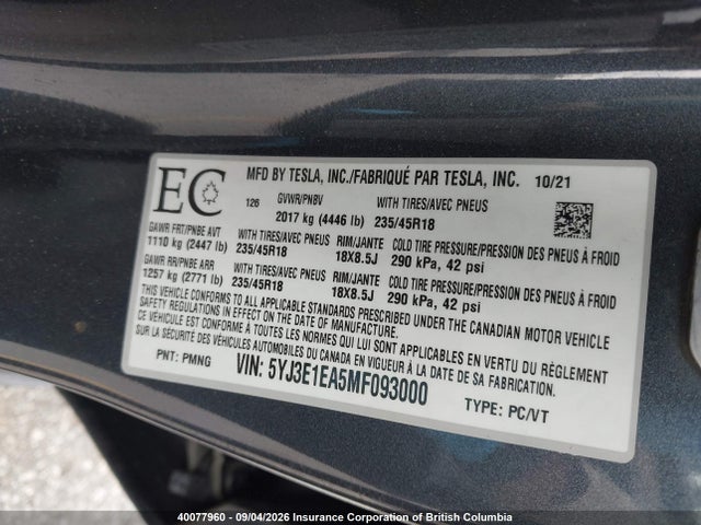 Продажа на аукционе авто 2021 Tesla Model 3, vin: 5YJ3E1EA5MF093000, номер лота: 40077960