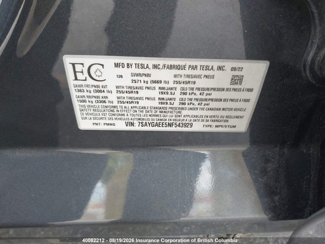 Tesla Model Y 2022 7SAYGAEE5NF543929 Image 9