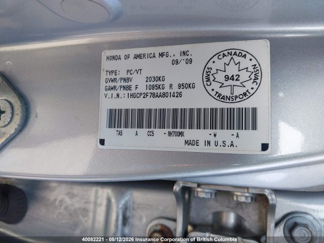 Auction sale of the 2010 Honda Accord Ex, vin: 1HGCP2F78AA801426, lot number: 40082221
