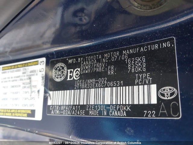 Продаж на аукціоні авто 2006 Toyota Corolla Ce/le/s, vin: 2T1BR32EX6C706531, номер лоту: 40082227
