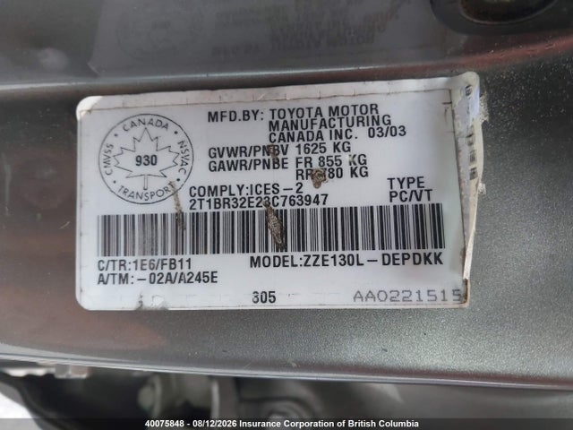 40075848 :رقم المزاد ، 2T1BR32E23C763947 vin ، 2003 Toyota Corolla Ce/le/s مزاد بيع