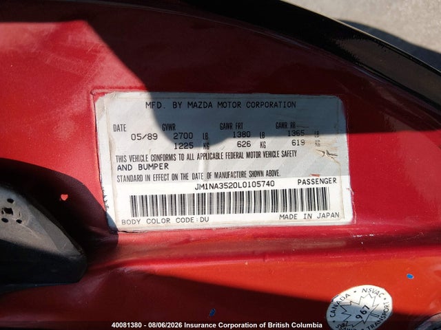 1990 Mazda Mx-5 Miata მანქანა იყიდება აუქციონზე, vin: JM1NA3520L0105740, აუქციონის ნომერი: 40081380