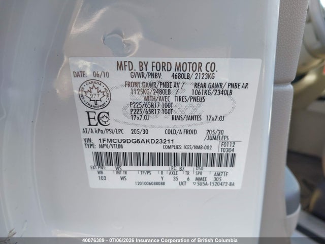 Aukcja sprzedaży 2010 Ford Escape Xlt Automatic, vin: 1FMCU9DG6AKD23211, numer aukcji: 40076389
