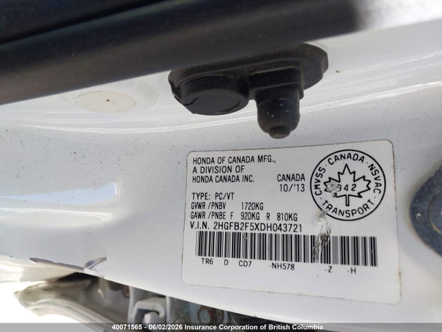 40071565 :رقم المزاد ، 2HGFB2F5XDH043721 vin ، 2013 Honda Civic Lx مزاد بيع
