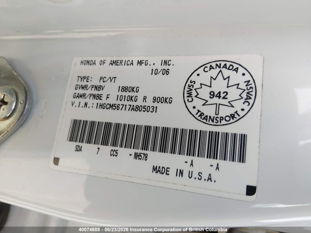 Aukcja sprzedaży 2007 Honda Accord Ex, vin: 1HGCM56717A805031, numer aukcji: 40074688