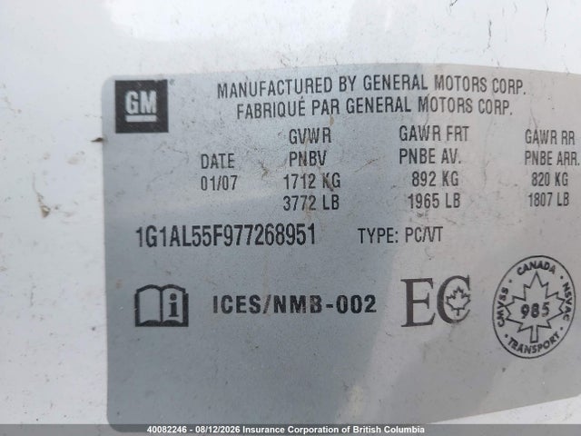Продаж на аукціоні авто 2007 Chevrolet Cobalt Lt, vin: 1G1AL55F977268951, номер лоту: 40082246