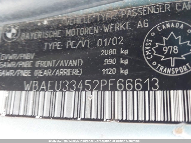 Auction sale of the 2002 Bmw 325xi, vin: WBAEU33452PF66613, lot number: 40082262