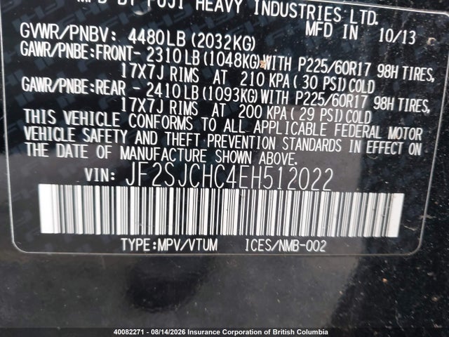 Продаж на аукціоні авто 2014 Subaru Forester 2.5i Limited, vin: JF2SJCHC4EH512022, номер лоту: 40082271
