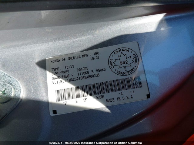 40082274 :رقم المزاد ، 1HGCS21868A800235 vin ، 2008 Honda Accord Exl مزاد بيع
