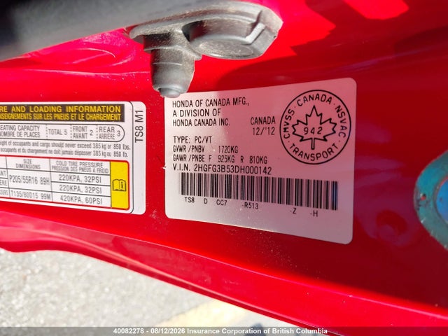 Auction sale of the 2013 Honda Civic, vin: 2HGFG3B53DH000142, lot number: 40082278