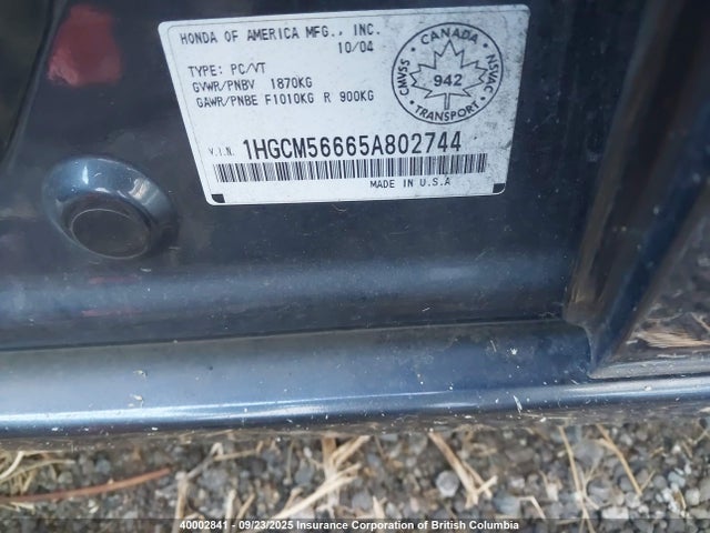 40002841 :رقم المزاد ، 1HGCM56665A802744 vin ، 2005 Honda Accord Ex مزاد بيع