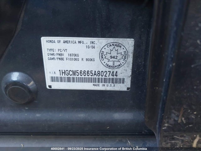 40002841 :رقم المزاد ، 1HGCM56665A802744 vin ، 2005 Honda Accord Ex مزاد بيع