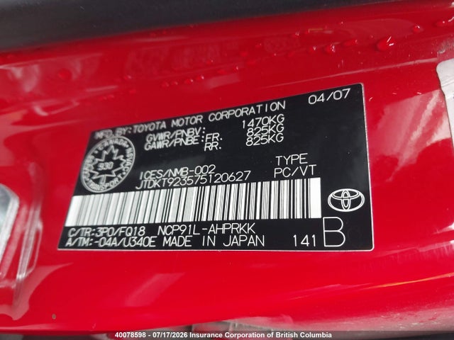 40078598 :رقم المزاد ، JTDKT923575120627 vin ، 2007 Toyota Yaris مزاد بيع