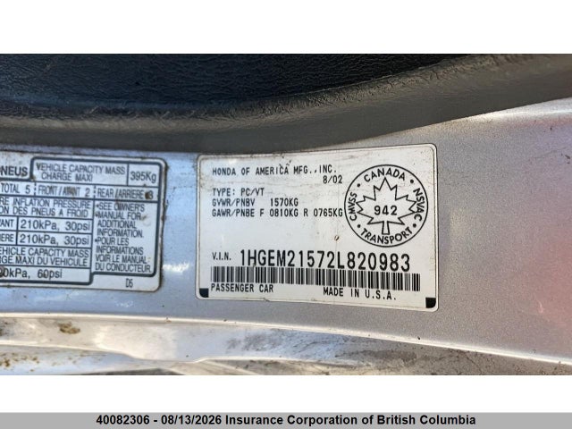 Aukcja sprzedaży 2002 Honda Civic, vin: 1HGEM21572L820983, numer aukcji: 40082306