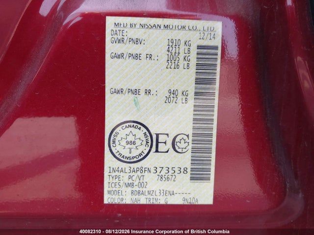 Aukcja sprzedaży 2015 Nissan Altima 2.5/s/sv/sl, vin: 1N4AL3AP8FN373538, numer aukcji: 40082310