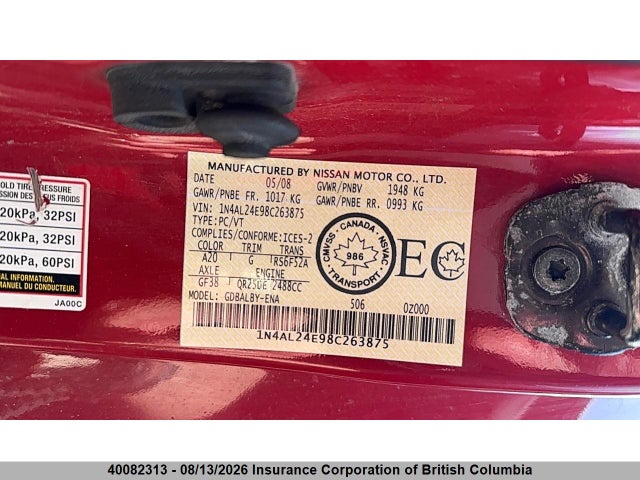 40082313 :رقم المزاد ، 1N4AL24E98C263875 vin ، 2008 Nissan Altima 2.5s مزاد بيع