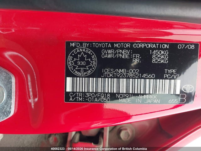 Aukcja sprzedaży 2008 Toyota Yaris, vin: JTDKT923785214560, numer aukcji: 40082323