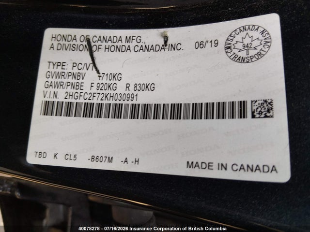40078278 :رقم المزاد ، 2HGFC2F72KH030991 vin ، 2019 Honda Civic Ex مزاد بيع