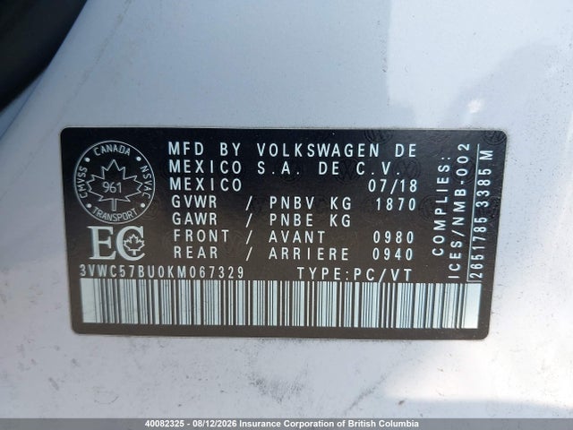 40082325 :رقم المزاد ، 3VWC57BU0KM067329 vin ، 2019 Volkswagen Jetta مزاد بيع