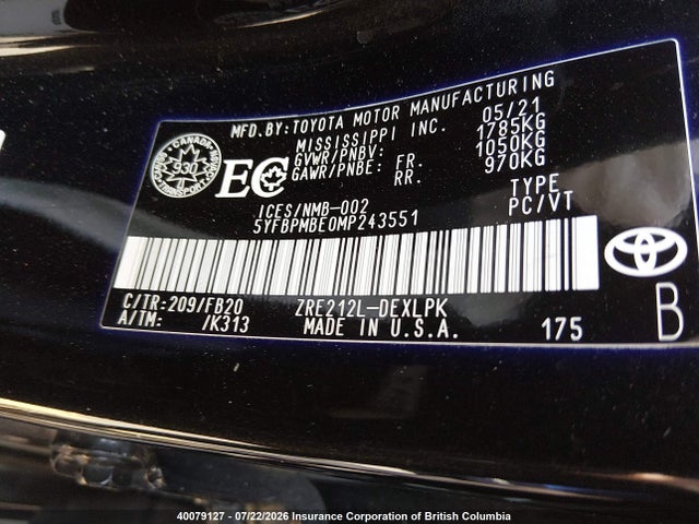 40079127 :رقم المزاد ، 5YFBPMBE0MP243551 vin ، 2021 Toyota Corolla Le مزاد بيع