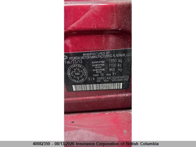 40082350 :رقم المزاد ، 5NPEC4ACXDH699529 vin ، 2013 Hyundai Sonata Se/limited مزاد بيع