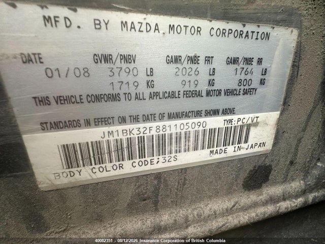 Aukcja sprzedaży 2008 Mazda Mazda3 Gs/gx, vin: JM1BK32F881105090, numer aukcji: 40082351