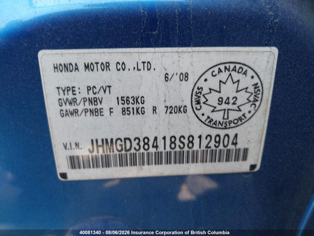40081340 :رقم المزاد ، JHMGD38418S812904 vin ، 2008 Honda Fit مزاد بيع