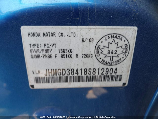 40081340 :رقم المزاد ، JHMGD38418S812904 vin ، 2008 Honda Fit مزاد بيع